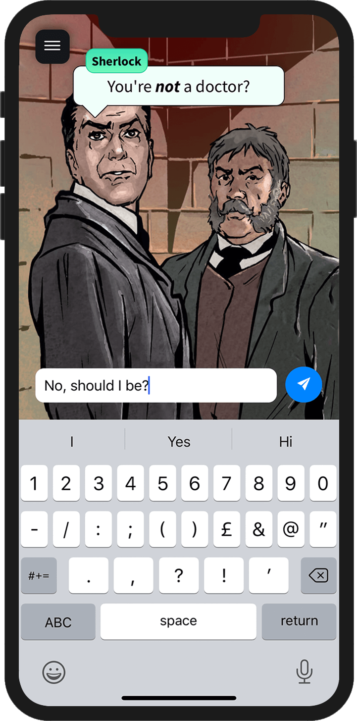 A phone showing the story "Sherlock and the Vampires of London" on the Charisma app
